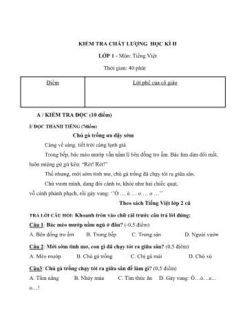 Đề kiểm tra chất lượng học kì II môn Tiếng Việt Lớp 1