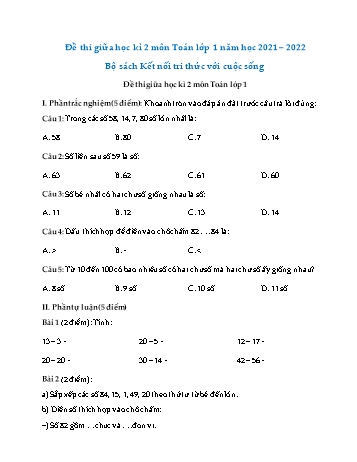 Đề thi giữa học kì 2 môn Toán Lớp 1 (Sách Kết nối tri thức với cuộc sống) - Năm học 2021-2022 - Đề số 5 (Có đáp án)