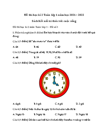 Đề thi học kì 2 môn Toán Lớp 1 năm học 2021-2022 - Sách Kết nối tri thức với cuộc sống (Có đáp án)