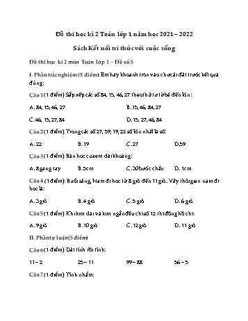 Đề thi học kì 2 Toán Lớp 1 năm học 2021-2022 - Sách Kết nối tri thức với cuộc sống - Đề số 5 (Có đáp án)