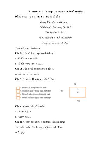 15 Đề khảo sát chất lượng Học kì 2 năm học 2022-2023 môn Toán Lớp 1 sách Kết nối tri thức (Có đáp án)