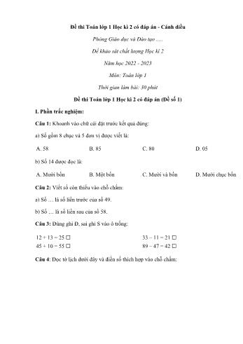17 Đề khảo sát chất lượng môn Toán Lớp 1 sách Cánh diều - Học kì 2 - Năm học 2022-2023 (Có đáp án)