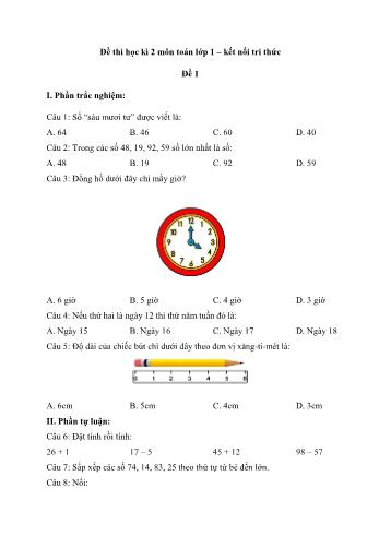 5 Đề thi học kì 2 môn Toán Lớp 1 sách Kết nối tri thức