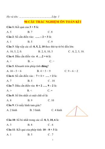 90 câu trắc nghiệm ôn kì I môn Toán Lớp 1