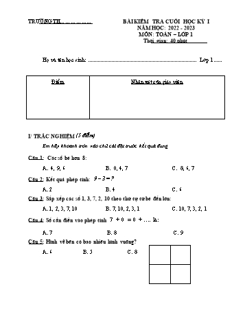 Bài kiểm tra cuối học kỳ I năm học 2022-2023 môn Toán Lớp 1 sách Kết nối tri thức (Có đáp án)