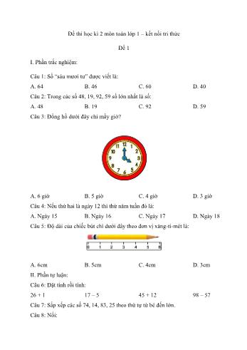 Bài tập ôn thi học kì 2 môn Toán Lớp 1 sách Kết nối tri thức