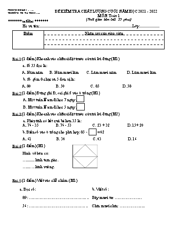Đề kiểm tra chất lượng cuối năm học 2021-2022 môn Toán Lớp 1 (Có đáp án)