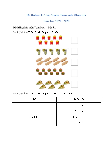 Đề thi học kì 1 Lớp 1 môn Toán sách Chân trời sáng tạo - Năm học 2022-2023 - Đề số 1 (Có đáp án)