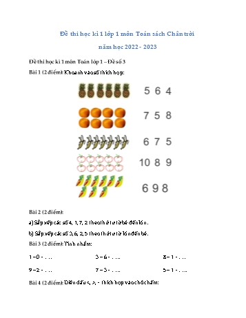 Đề thi học kì 1 Lớp 1 môn Toán sách Chân trời sáng tạo - Năm học 2022-2023 - Đề số 3 (Có đáp án)