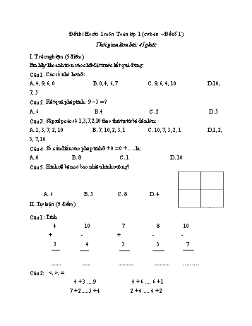 Đề thi học kì 1 môn Toán Lớp 1 (Cơ bản + Nâng cao)