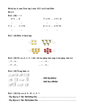 Đề thi học kì I môn Toán Lớp 1 năm 2022 sách Cánh Diều - Đề số 3