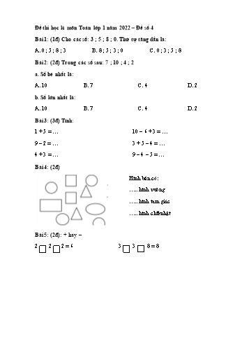 Đề thi học kì I môn Toán Lớp 1 năm 2022 sách Cánh Diều - Đề số 4