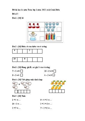 Đề thi học kì I môn Toán Lớp 1 năm 2022 sách Cánh Diều - Đề số 5