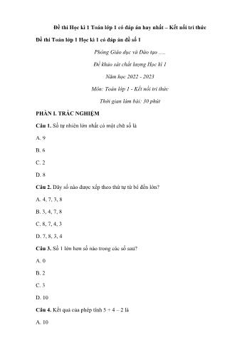30 Đề thi học kì I môn Toán Lớp 1 - Sách Kết nối tri thức - Năm học 2022-2023