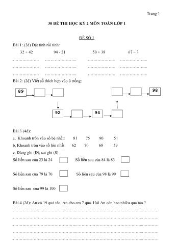 30 Đề thi học kì II môn Toán Lớp 1