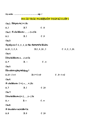 90 Câu trắc nghiệm ôn tập học kì I môn Toán Lớp 1