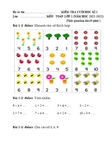 Bộ đề kiểm tra cuối học kì I năm học 2021-2022 môn Toán Lớp 1 - Sách Kết nối tri thức (Có đáp án)