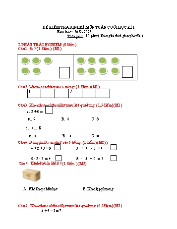 Bộ đề kiểm tra cuối học kì I năm học 2022-2023 môn Toán Lớp 1 (Có đáp án)