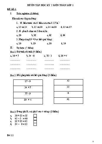 Bộ đề ôn tập học kì II môn Toán Lớp 1
