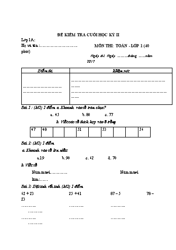 Đề kiểm tra cuối học kì 2 môn Toán Lớp 1