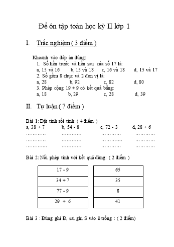 Đề ôn tập học kì II môn Toán Lớp 1 - Nguyễn Thị Thanh Thảo