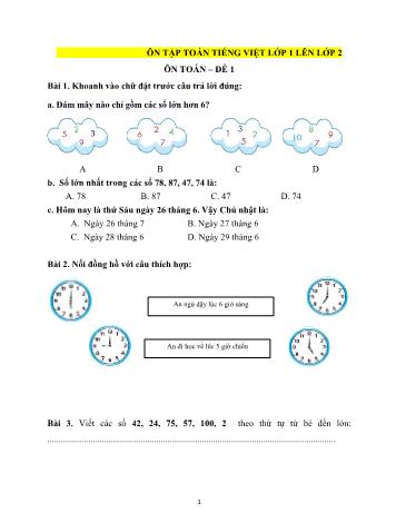 Đề ôn tập Lớp 1 lên Lớp 2 môn Toán + Tiếng Việt