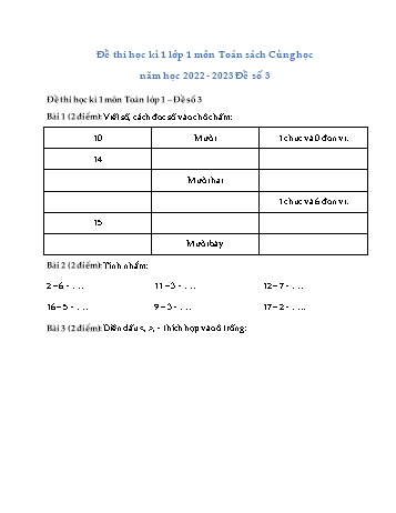 Đề thi cuối học kì I môn Toán Lớp 1 - Sách Cùng học để phát triển năng lực - Đề số 3 - Năm học 2022-2023 (Có đáp án)