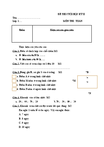 Đề thi cuối học kì II môn Toán Lớp 1 (Có đáp án)