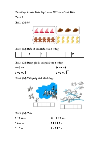 Đề thi học kì I môn Toán Khối 1 năm 2022 - Sách Cánh diều - Đề số 5