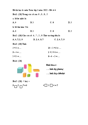 Đề thi học kì I môn Toán Lớp 1 năm 2022 - Đề số 4