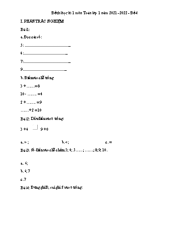 Đề thi học kì I năm học 2021-2022 môn Toán Lớp 1 - Đề 4 (Có đáp án)