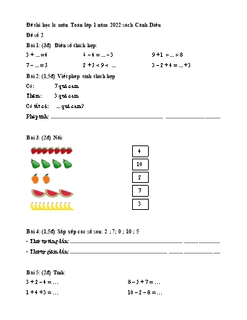 Đề thi học kì môn Toán Lớp 1 năm 2022 - Sách Cánh diều - Đề số 2