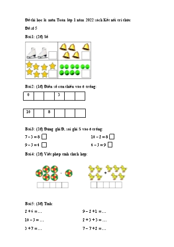 Đề thi học kì môn Toán Lớp 1 năm 2022 - Sách Kết nối tri thức - Đề số 5