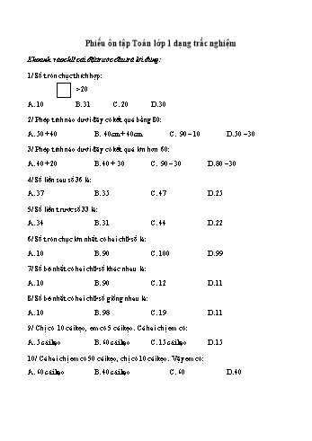Phiếu ôn tập Toán Lớp 1 dạng trắc nghiệm