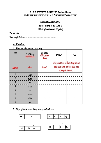 19 Đề tham khảo kiểm tra cuối kì 1 Tiếng Việt Lớp 1