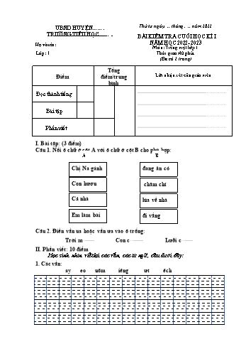 Bài kiểm tra cuối học kỳ 1 Tiếng Việt Lớp 1 (Sách Cánh diều) - Năm học 2022-2023 (Có đáp án)