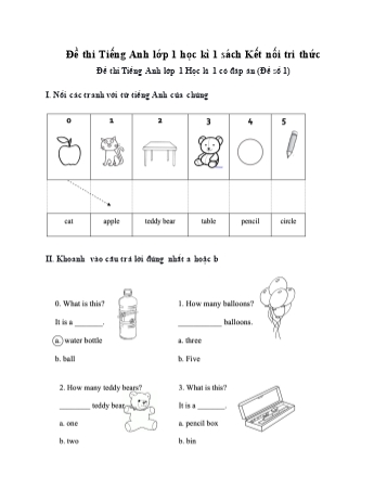 Bộ đề thi học kì 1 Tiếng Anh Lớp 1 (Sách Kết nối tri thức) - Năm học 2022-2023 (Có đáp án)