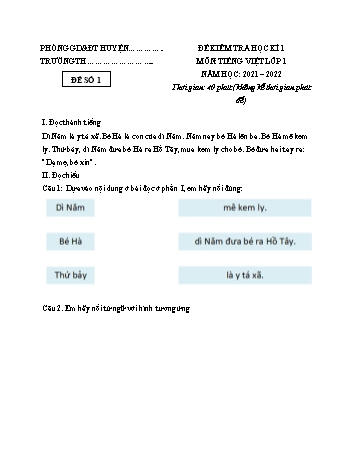 Đề kiểm tra học kì 1 Tiếng Việt Lớp 1 (Sách mới) - Đề 1 - Năm học 2021-2022 (Có đáp án)