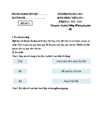 Đề kiểm tra học kì 1 Tiếng Việt Lớp 1 (Sách mới) - Đề 3 - Năm học 2021-2022 (Có đáp án)
