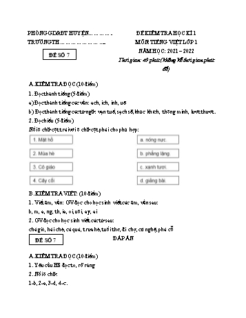 Đề kiểm tra học kì 1 Tiếng Việt Lớp 1 (Sách mới) - Đề 7 - Năm học 2021-2022 (Có đáp án)