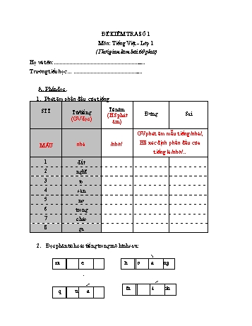 Đề tham khảo kiểm tra cuối kì 1 Tiếng Việt Lớp 1 - Đề số 1