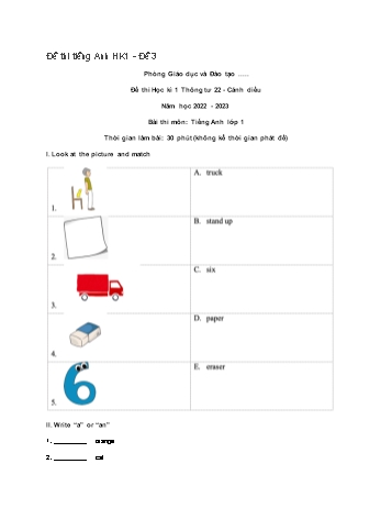 Đề thi học kì 1 Tiếng Anh Lớp 1 theo thông tư 22 (Sách Cánh diều) - Đề số 3 - Năm học 2022-2023 (Có đáp án)