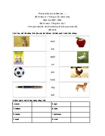 Đề thi học kì 1 Tiếng Anh Lớp 1 theo thông tư 22 (Sách Cánh diều) - Đề số 8 - Năm học 2022-2023