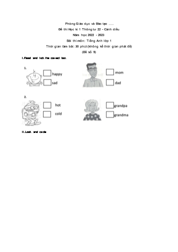 Đề thi học kì 1 Tiếng Anh Lớp 1 theo thông tư 22 (Sách Cánh diều) - Đề số 9 - Năm học 2022-2023