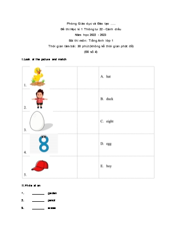 Đề thi học kì 1 Tiếng Anh Lớp 1 theo thông tư 22 (Sách Cánh diều) - Đề số 4 - Năm học 2022-2023