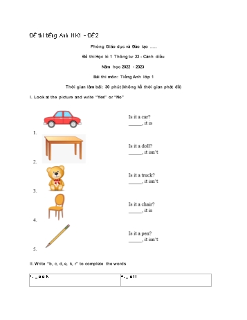 Đề thi học kì 1 Tiếng Anh Lớp 1 theo thông tư 22 (Sách Cánh diều) - Đề số 2 - Năm học 2022-2023 (Có đáp án)