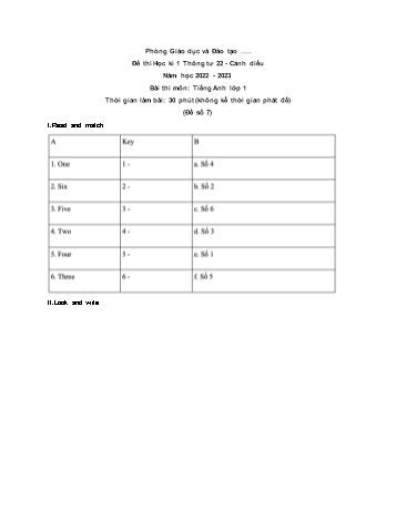 Đề thi học kì 1 Tiếng Anh Lớp 1 theo thông tư 22 (Sách Cánh diều) - Đề số 7 - Năm học 2022-2023 (Có đáp án)