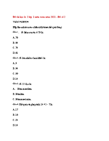 Đề thi học kì 2 môn Toán Lớp 1 - Đề số 2 - Năm học 2021-2022 (Có đáp án)