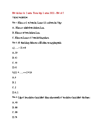 Đề thi học kì 2 môn Toán Lớp 1 - Đề số 5 - Năm học 2021-2022 (Có đáp án)