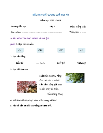 Kiểm tra chất lượng cuối học kì 1 Tiếng Việt Lớp 1 (Phát triển năng lực) - Đề 3 - Năm học 2022-2023 (Có đáp án)